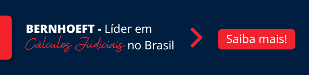 arte predominantemente azul com detalhes de texto em branco e vetores vermelhos. lado esquerdo com a frase: Bernhoeft: líder em cálculos judiciais no brasil. lado direito a frase 'saiba mais'. 