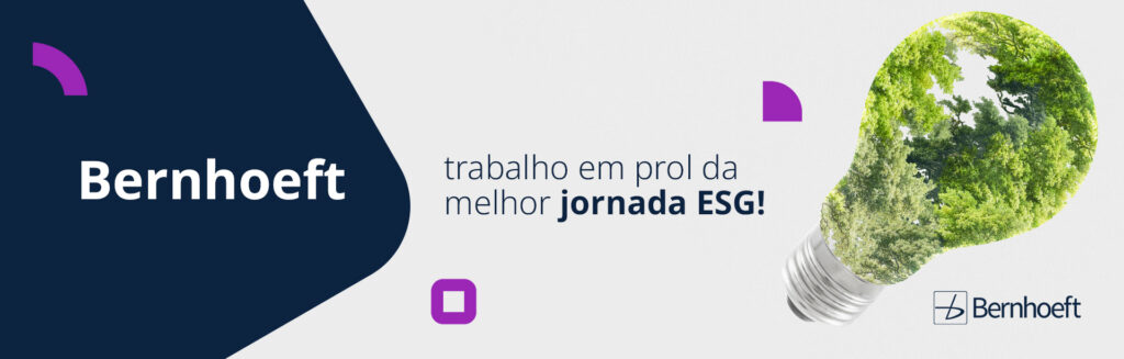 frase: bernhoeft, trabalho em prol da melhor jornada ESG! detalhes em rosa e azul. imagem de mata verde em formato de lâmpada no canto direito da tela. bernhoeft, realizada o trabalho de auditoria ESG na gestão de terceiros, link na imagem para o formulário de proposta.