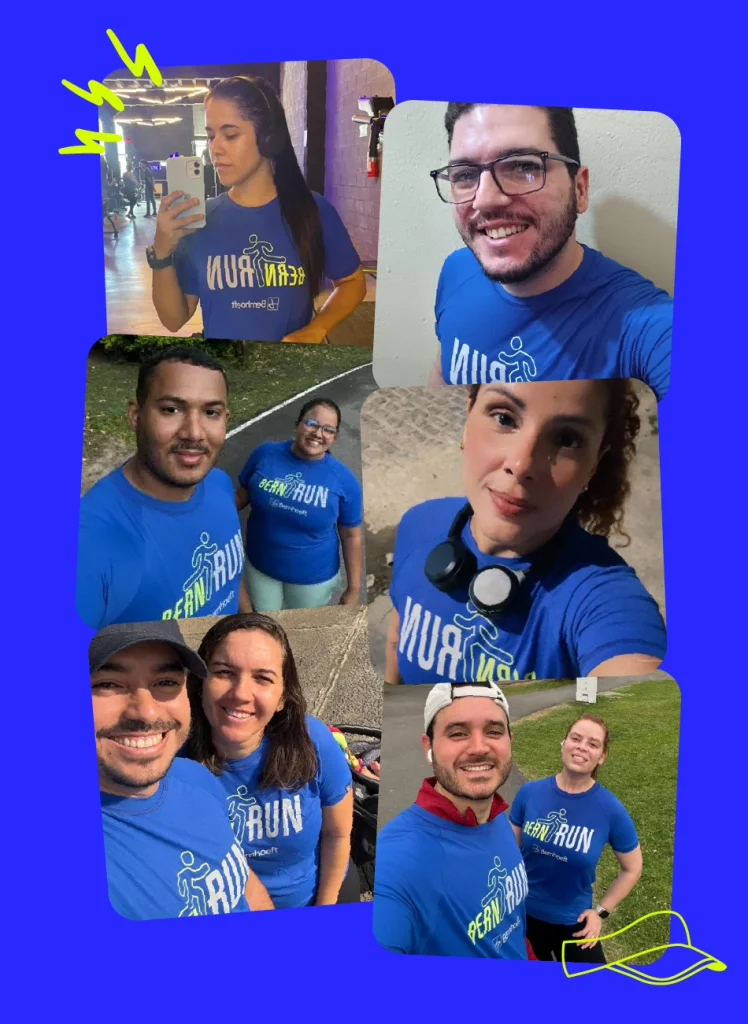 colagem com diversas fotos de colaboradores em seu momento de corrida vestindo a camisa da BernRun. Ela é azul com o nome "BernRun" na frente e o vetor de uma pessoa correndo no meio da palavra. O Bern de BernRun é na cor verde o Run na cor branca. 